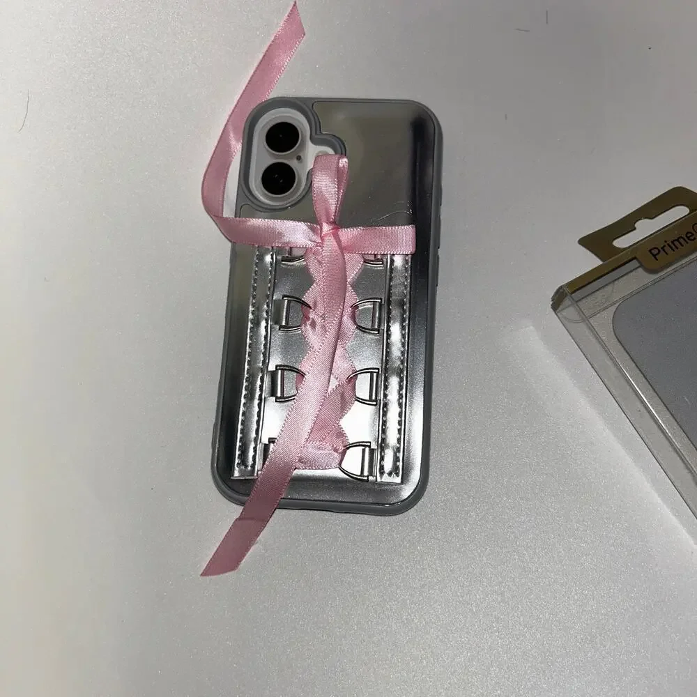 New Iphone 16 Silver Pink Croquette Lace-Up Phone Case Prime Connect